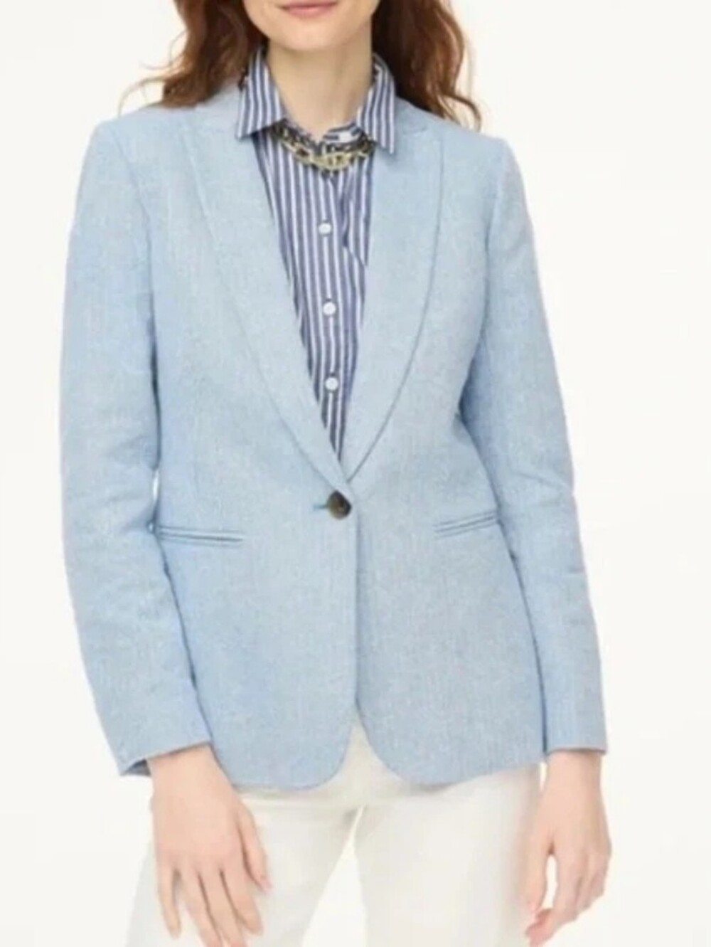 J Crew Herringbone One Button Linen Blazer Blue Size 12 Work Career BO492 EUC!